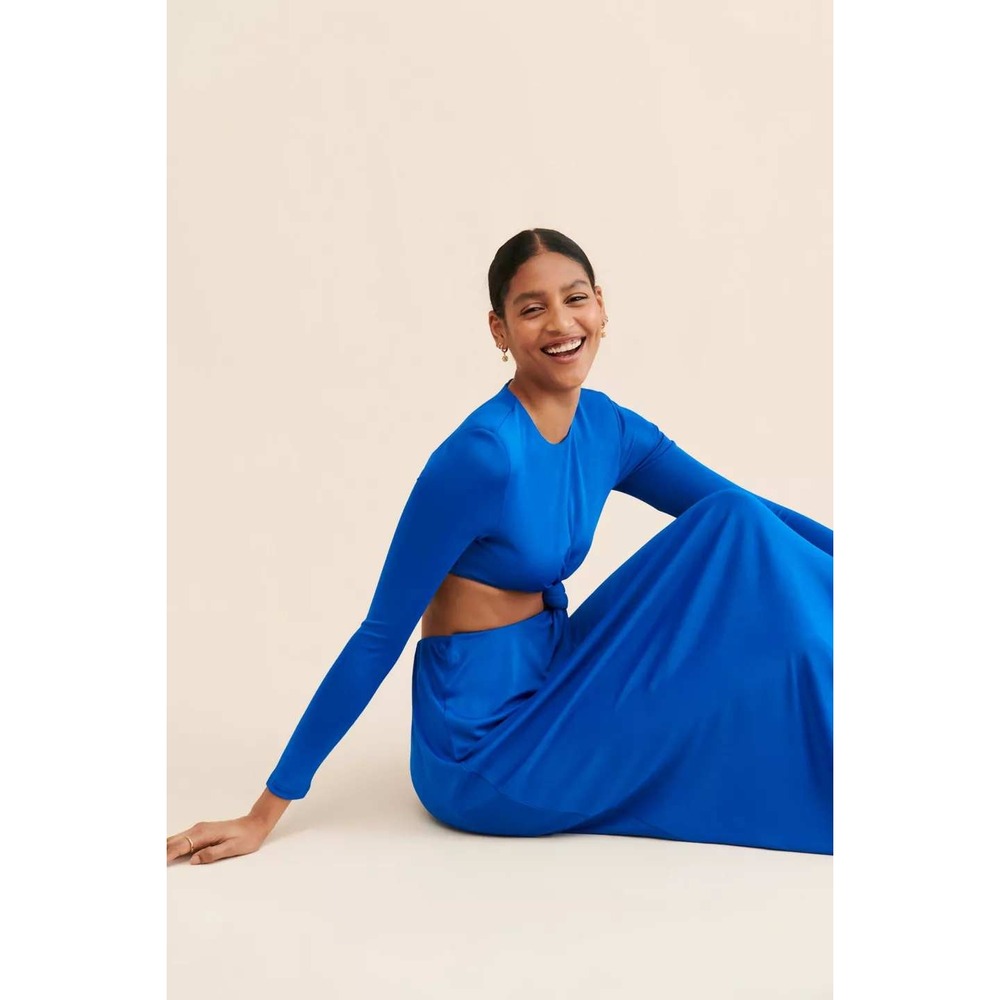 Farm Rio Royal Blue Cut-Out Knot Front Long Sleeve Maxi Dress Gown Small NWT - Picture 4 of 15